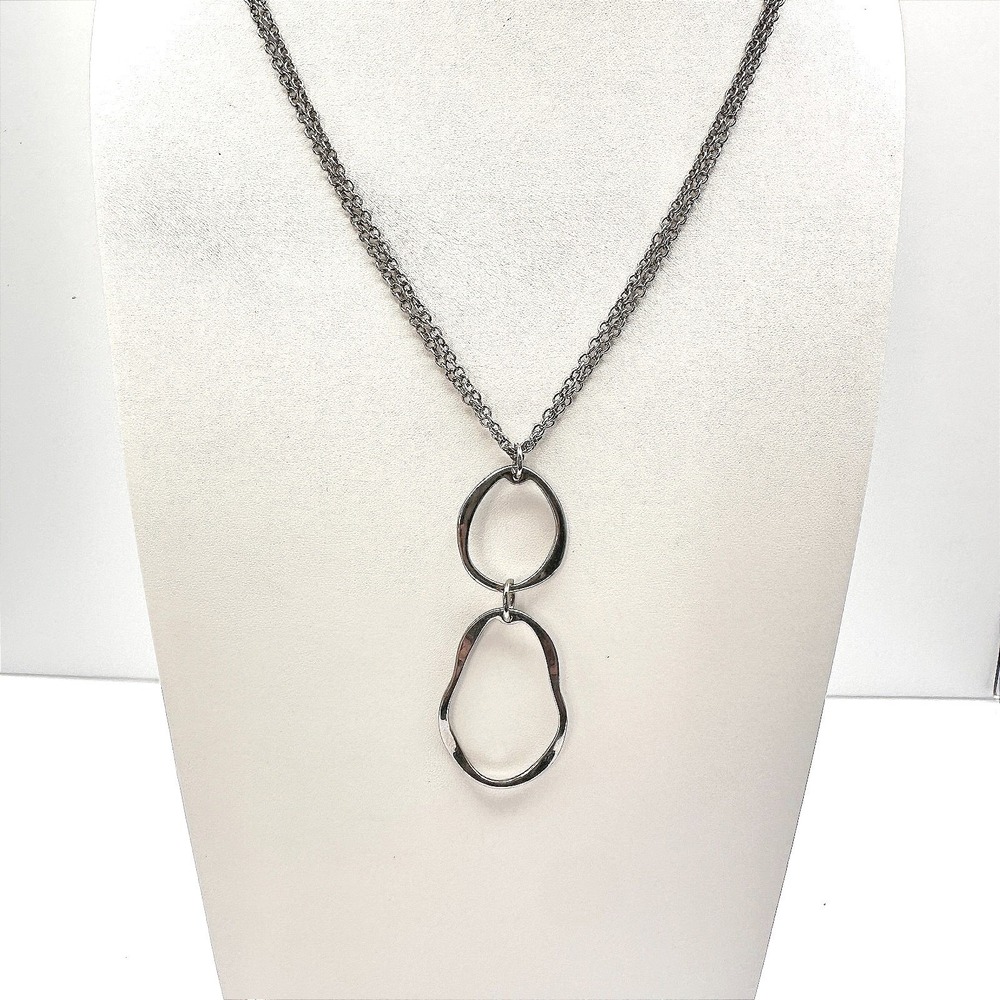 Vintage Y2K Cookie Lee Silver Tone Double Chain Organic Hoop Pendant Necklace